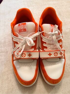 Louis Vuitton White & Orange Low-Top Sneakers with Monogram Strap